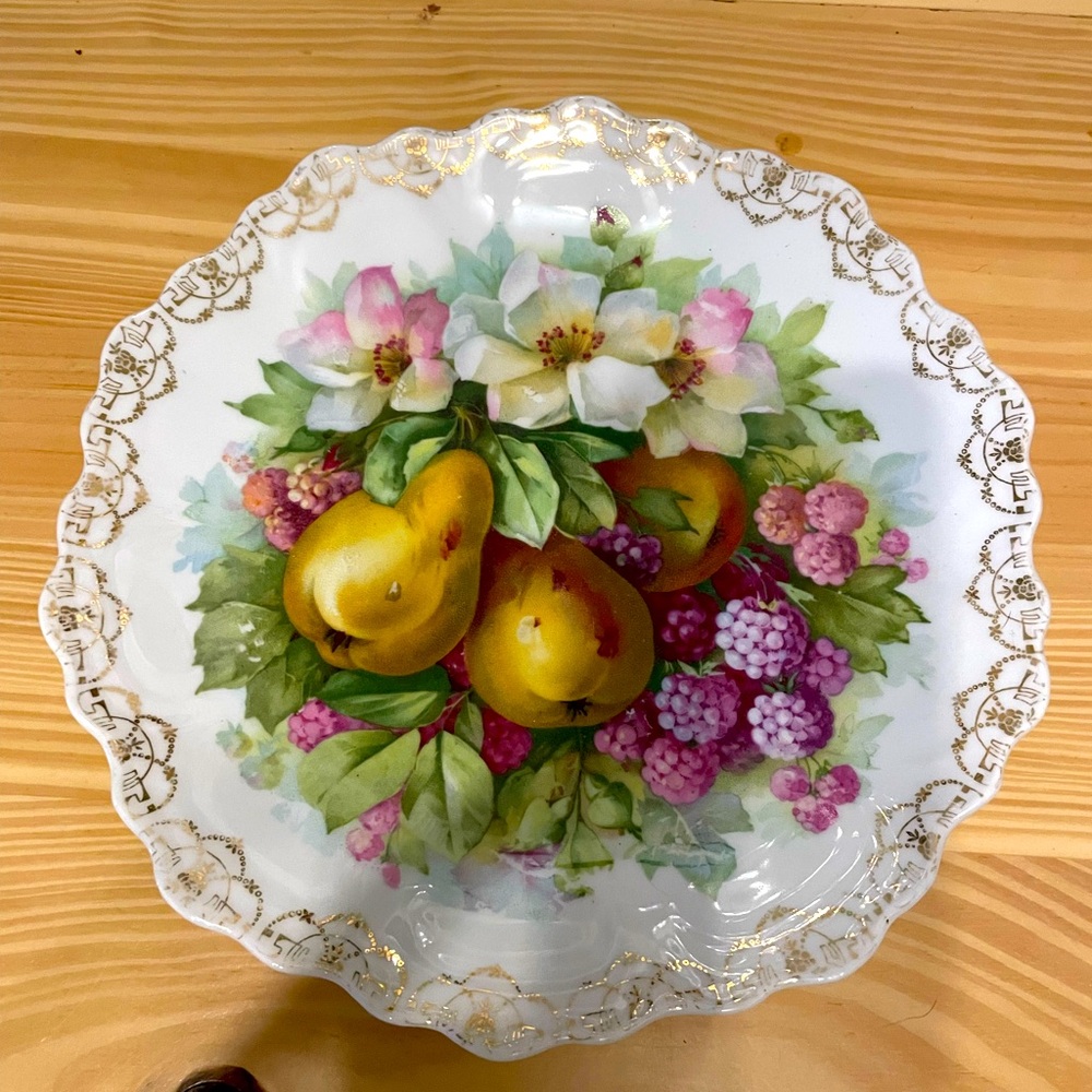 Vintage ZS & Co Bavaria Punch Porcelain Plate Fruit Pears Berries Gold Trim 9.5"